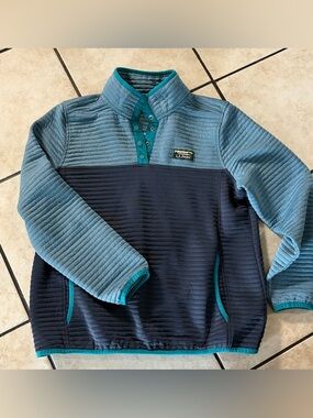 L.L.Bean Quilted Snap Pullover Womens Sz M PET Teal Navy Color Block